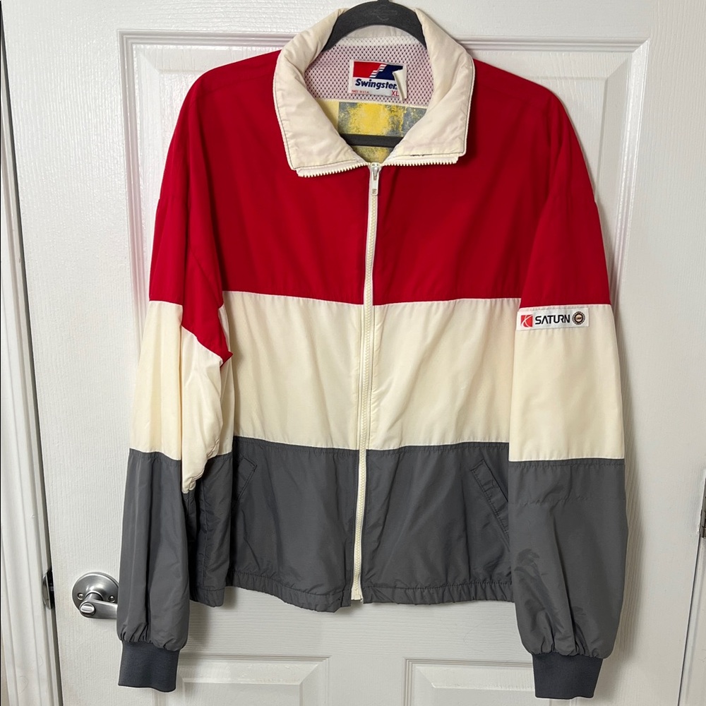 RARE VTG Saturn Launch Team Red Cream Grey Striped Swingster Made in USA Jacket